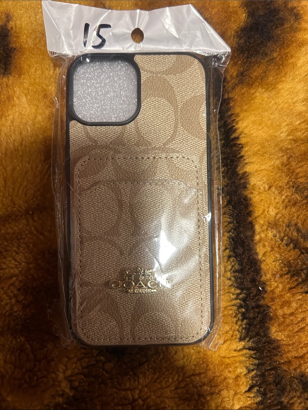 Coach Beige Signature Canvas iPhone Case with Card Slot iPhone 15